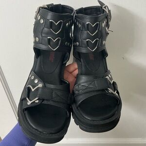 Demonia Bratty Faux Leather Block Sandals with Silverware Heart Accents